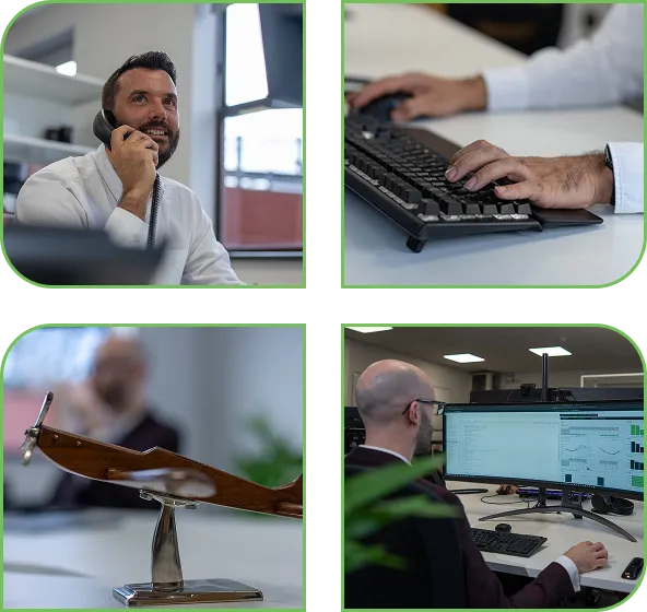 A collage of four images: a man talking on the phone, hands typing on a keyboard, a decorative model airplane, and a person looking at data on multiple computer monitors in an office setting.