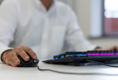 A person in a white shirt uses a computer mouse with one hand, next to a colorful backlit keyboard on a white desk. The background is blurred.