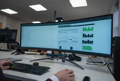 Person working at a desk with a large curved monitor displaying charts, graphs, and data analytics in an office environment. A keyboard, mouse, and headphones are on the desk.
