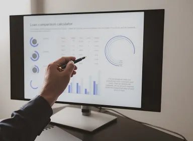 A person points a pen at a computer monitor displaying charts, graphs, and data related to a loan comparison calculator. The workspace appears clean and professional.