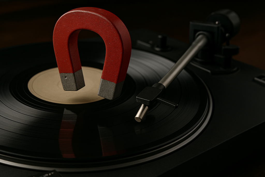 A record player with a magnet on it.